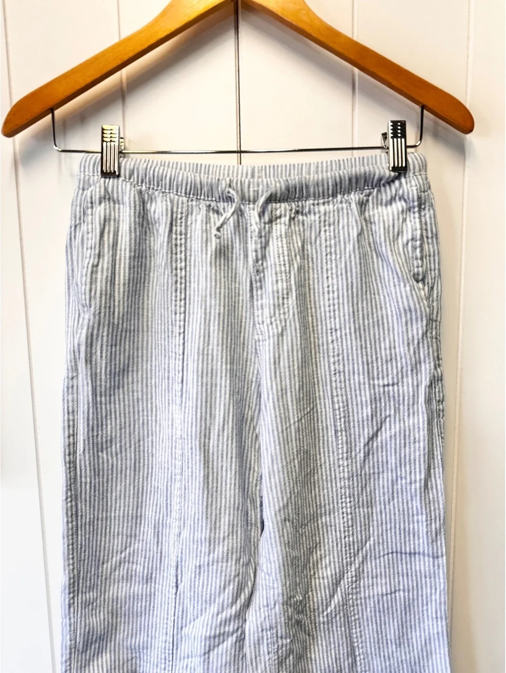 Blue striped linen drawstring pants